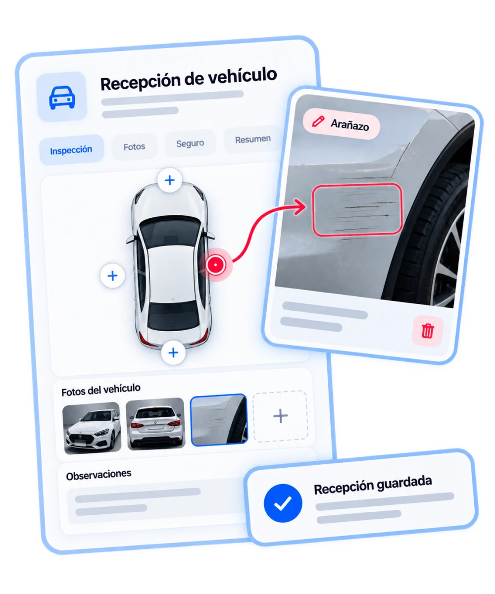 Recepción de un vehículo documentada con fotos, observaciones y firma
